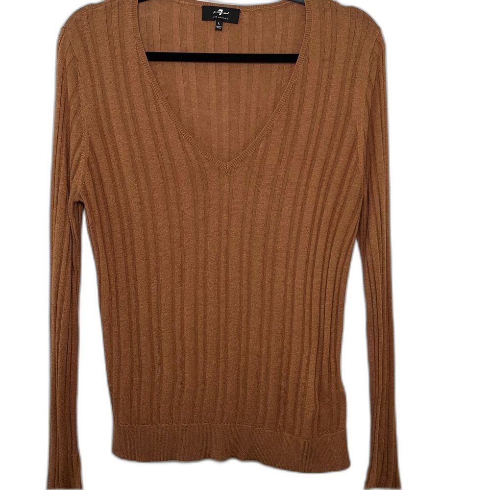7 For All Mankind Ribbed Knit Long Sleeve Top Mocha Brown Cashmere Blend L